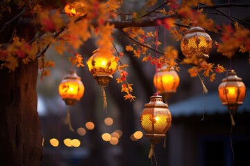 Obraz na płótnie Canvas diwali lanterns hanging from tree branches
