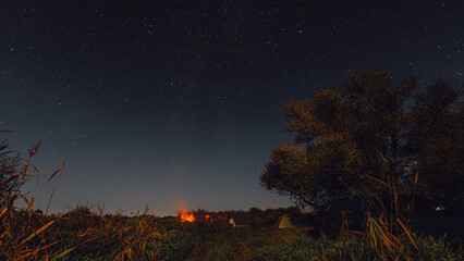 A bright night fire in a camp where a tent is erected and a tree stands. The action takes place at night and the stars are captured in the photograph.