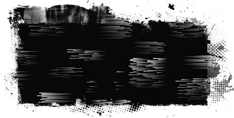 Glitch distorted grange shape . Noise grungy logo . Trendy defect error shapes . Glitched frame .Grunge textured . Distressed effect .Vector shapes with a halftone dots screen print texture.