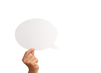 Close-up of hand holding a blank white speech bubble while standing against a transparent background