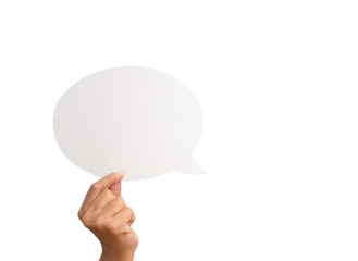 Close-up of hand holding a blank white speech bubble while standing against a transparent background