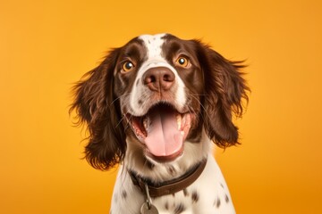 Lifestyle portrait photography of a smiling english springer spaniel wearing a denim vest against a pastel orange background. With generative AI technology - obrazy, fototapety, plakaty