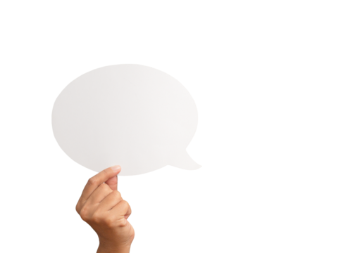 Close-up of hand holding a blank white speech bubble while standing against a transparent background - Powered by Adobe