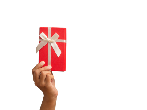 Hand holding of a red gift box against a transparent background.