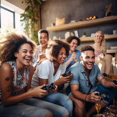 Friends playing video games at home. - obrazy, fototapety, plakaty