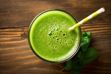 overhead shot of a green smoothie with straws on a wood table