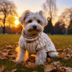 Dog with a sweater in the park.