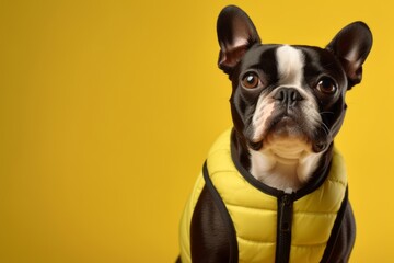 Lifestyle portrait photography of a happy boston terrier wearing a training vest against a yellow background. With generative AI technology
