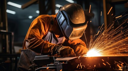 Close-up shot of a factory worker in protective gear operating heavy machinery, creating sparks. Illustrates worker safety in manufacturing industry.