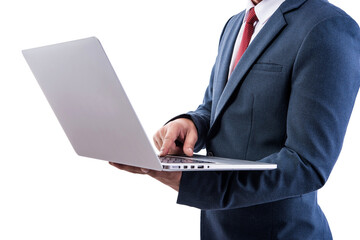 businessman using a personal computer or laptop device on transparent background	