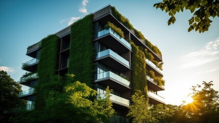 A modern eco-friendly building with green walls, large windows, and a warm glow from the setting sun. The low-angle silhouette shot creates a serene and peaceful atmosphere. Taken with a Sony a7S III