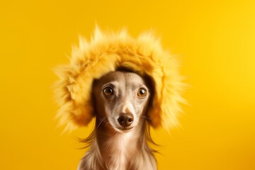 Headshot portrait photography of a funny italian greyhound dog wearing a lion mane against a yellow background. With generative AI technology