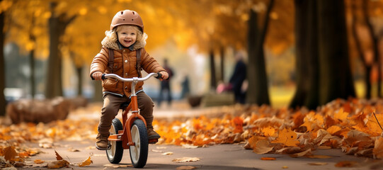 Child riding a bicycle in autumn park. Fall activities for kids outdoors. Banner with copy space. - obrazy, fototapety, plakaty