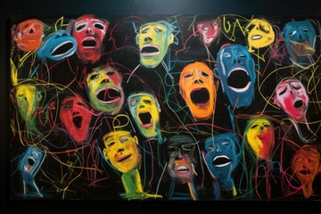 a chalkboard with different emotions written in colorful chalk - obrazy, fototapety, plakaty