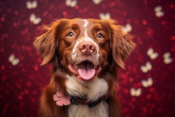 Medium shot portrait photography of a smiling brittany dog wearing a butterfly wings against a burgundy red background. With generative AI technology - obrazy, fototapety, plakaty