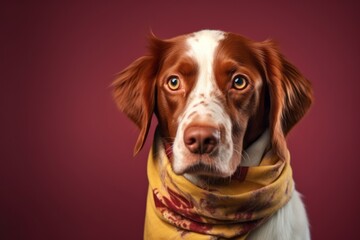 Photography in the style of pensive portraiture of a funny brittany dog wearing an anxiety wrap against a burgundy red background. With generative AI technology - obrazy, fototapety, plakaty