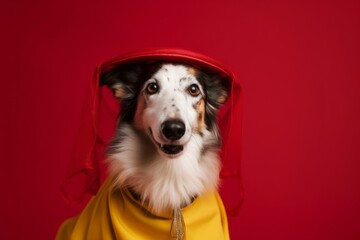 Medium shot portrait photography of a smiling borzoi wearing a bee costume against a burgundy red background. With generative AI technology