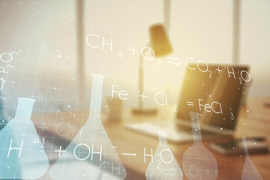 Creative chemistry illustration on modern computer background, science and research concept. Multiexposure