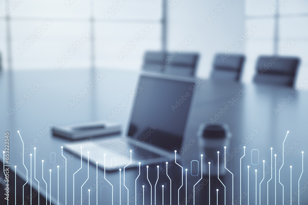 Poster creative abstract micro circuit sketch on modern laptop background, future technology and ai concept