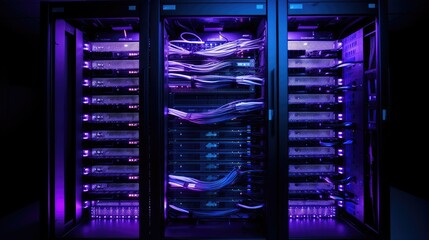 Dark and moody silhouette of a server rack with glowing backlighting, creating a mysterious and futuristic atmosphere