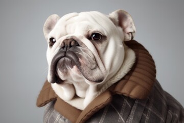 Fototapeta premium Photography in the style of pensive portraiture of a smiling bulldog wearing a sherpa coat against a pearl white background. With generative AI technology