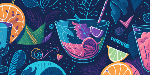 Seamless patterns stary night many colorful detailed cocktails and drinks icons - obrazy, fototapety, plakaty