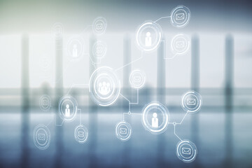 Abstract virtual social network concept on empty corporate office background. Multiexposure