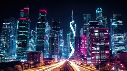 Fototapeta premium Futuristic cityscape at night with vibrant neon lights, reflecting off the urban architecture. Low angle shot of illuminated skyline using Sony Alpha a7 III and Sony FE 16-35mm f/2.8 GM lens. Capture