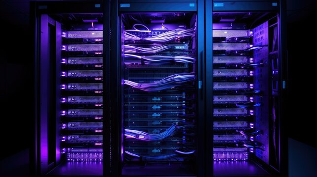 Dark and moody silhouette of a server rack with glowing backlighting, creating a mysterious and futuristic atmosphere