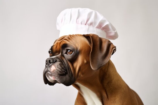 Photography in the style of pensive portraiture of a funny boxer dog wearing a chef hat against a pearl white background. With generative AI technology