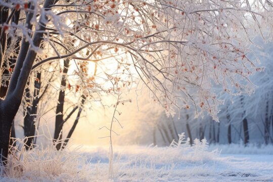 frosted rose hips against the backdrop of a sunlit forest