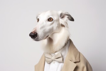 Environmental portrait photography of a funny borzoi wearing a dapper suit against a pearl white background. With generative AI technology
