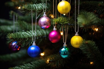 Fototapeta premium bright colored christmas ornaments hanging from a well-lit fir tree