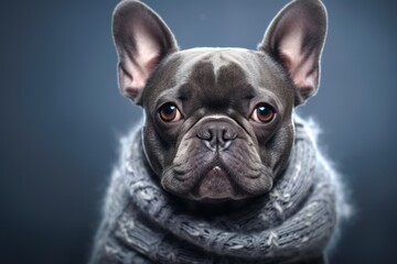 Close-up portrait photography of a cute french bulldog wearing a warm scarf against a metallic...