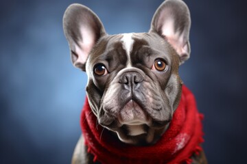 Close-up portrait photography of a cute french bulldog wearing a warm scarf against a metallic silver background. With generative AI technology