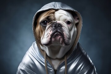 Lifestyle portrait photography of a funny bulldog wearing a therapeutic coat against a metallic silver background. With generative AI technology