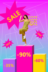 Vertical artwork collage image of positive overjoyed girl stand big percent sale podium dance isolated on gradient background