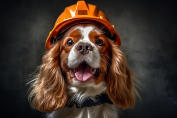 Group portrait photography of a happy cavalier king charles spaniel dog wearing a visor against a...