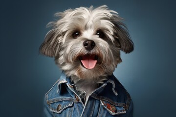 Lifestyle portrait photography of a funny havanese dog wearing a denim vest against a metallic silver background. With generative AI technology