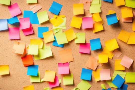 vibrant sticky notes scattered on a cork bulletin board