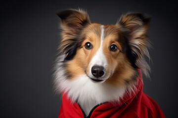 Lifestyle portrait photography of a funny shetland sheepdog wearing a jumper against a metallic silver background. With generative AI technology