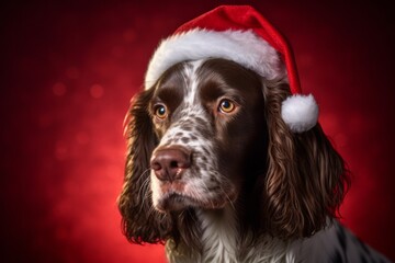 Close-up portrait photography of a cute english springer spaniel wearing a christmas hat against a...