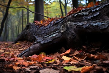 fallen leaves on trunk of a tree in forest