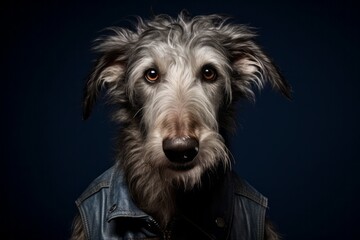 Medium shot portrait photography of a funny scottish deerhound wearing a denim vest against a...