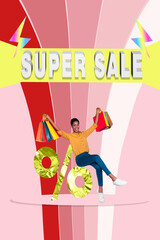 Vertical collage picture of excited funky person hands hold shopping bags sit huge percent symbol super sale isolated on creative background