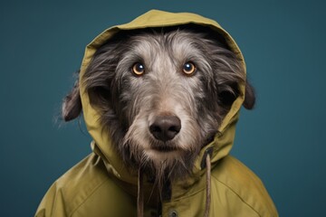Group portrait photography of a happy scottish deerhound wearing a parka against a metallic silver...