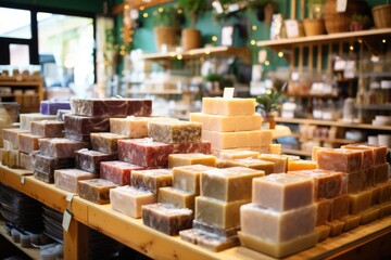 assorted handmade soaps in a family-owned organic store