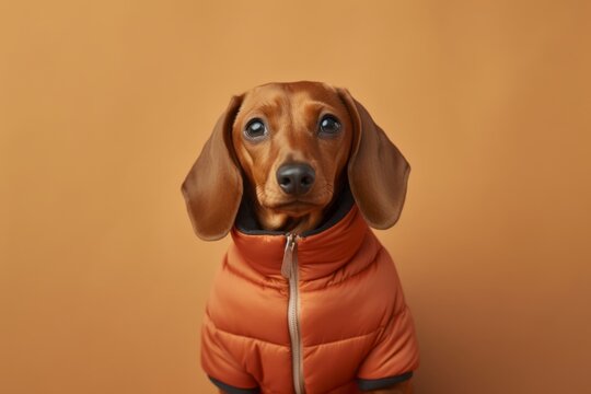 Conceptual portrait photography of a smiling dachshund wearing a puffer jacket against a beige background. With generative AI technology
