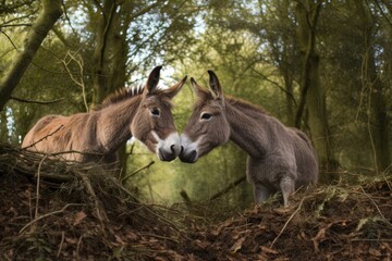 Obraz na płótnie Canvas two donkeys braying at one another in the wild