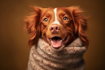 Close-up portrait photography of a happy brittany dog wearing a snood against a beige background. With generative AI technology - obrazy, fototapety, plakaty
